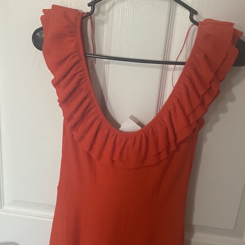 Zara Ribbed Ruffle Off Shoulder Orange Dress - Picture 6 of 6
